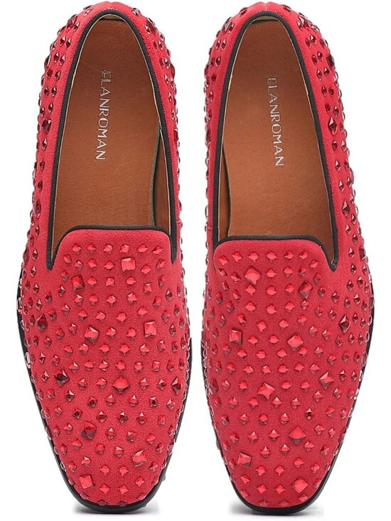 ELANROMAN Men\'s Red Leather Loafers Slip On Wedding Party Dress Shoes